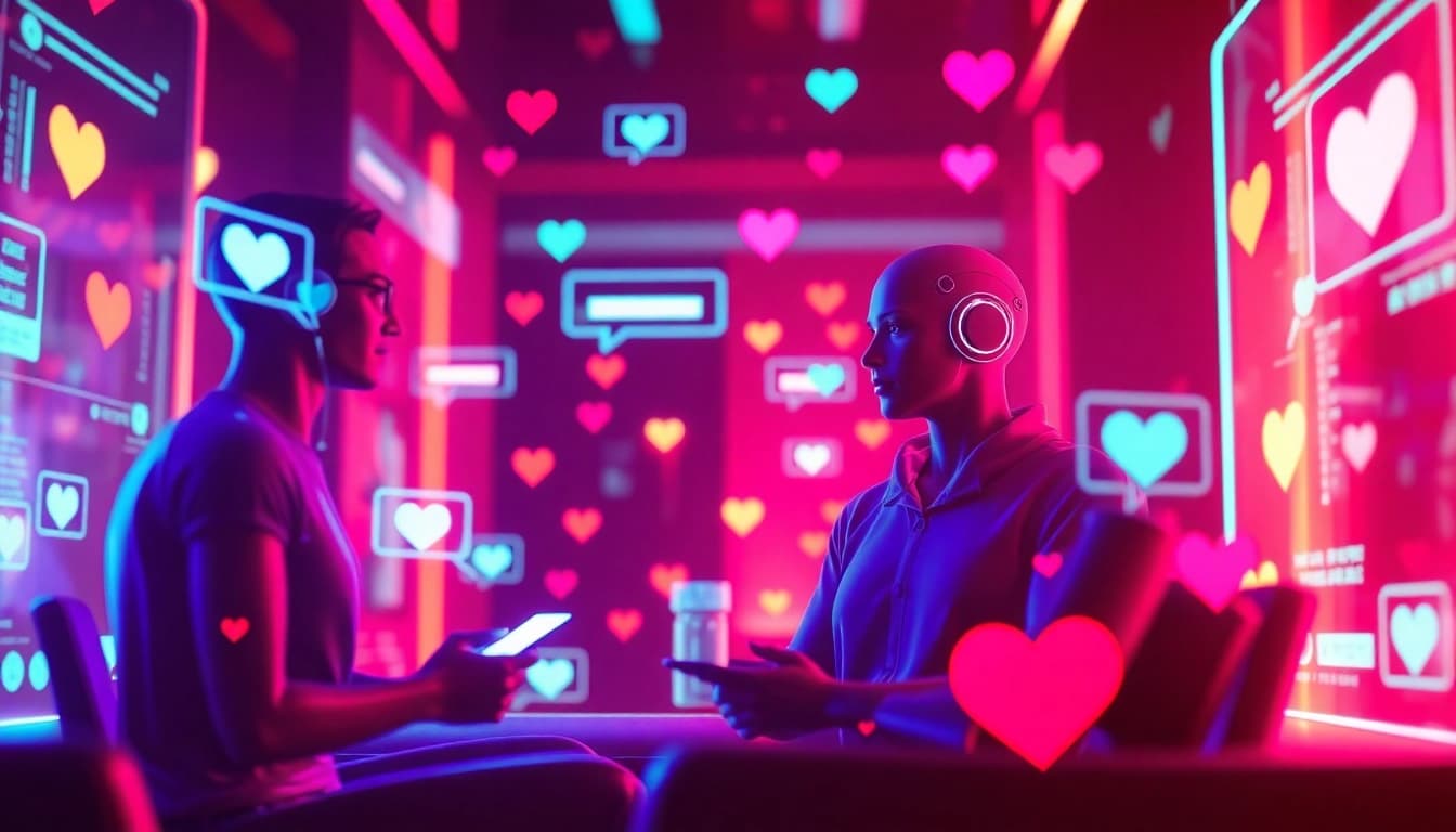 Engaging visual of AI avatars in a vibrant digital chat environment representing sex chat AI interactions.