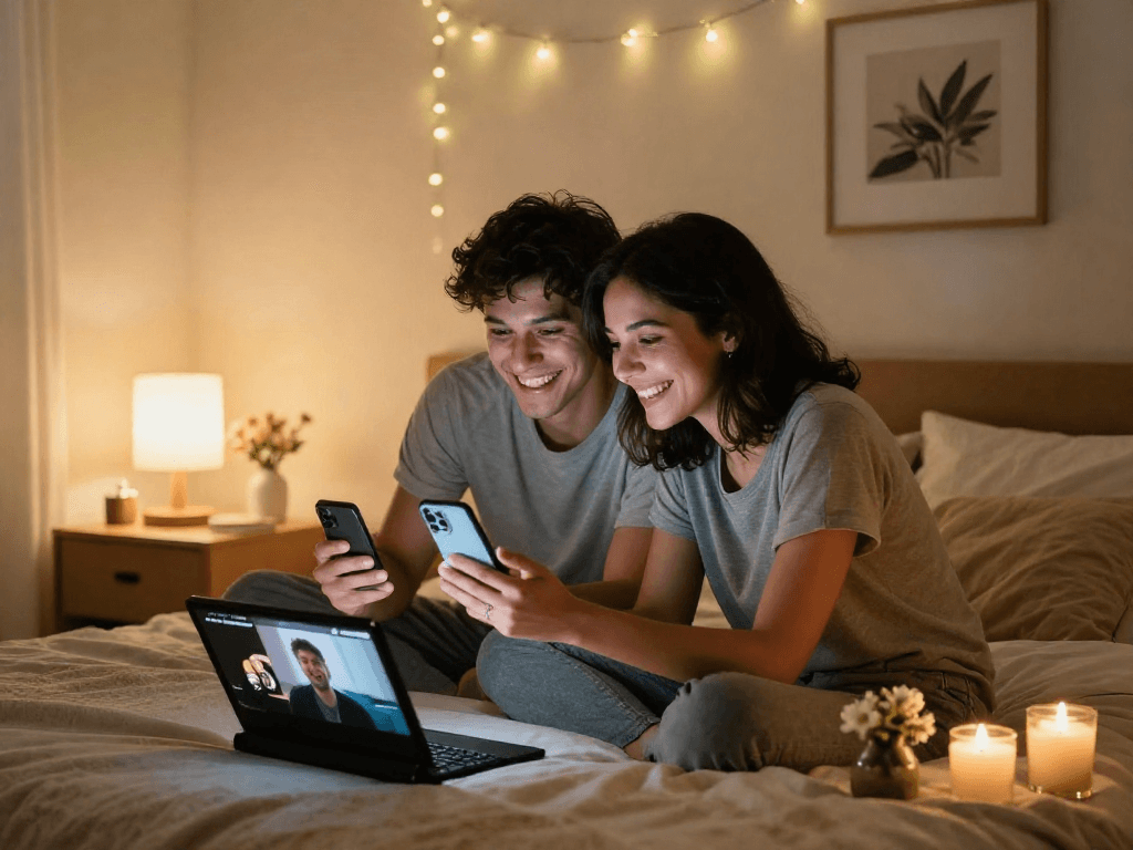 Couple enjoying a playful video chat, highlighting ai chat porn in a cozy, intimate bedroom.