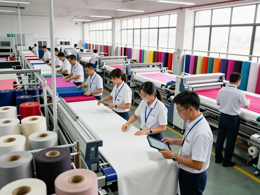 Sunwin textile team collaborating in a vibrant manufacturing environment, showcasing advanced fabric production.