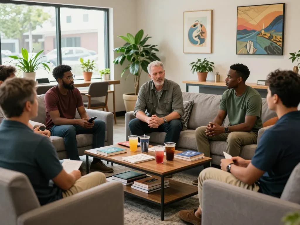 Men engaging in supportive discussions at a community center manclub group meeting, with refreshments and a welcoming atmosphere.