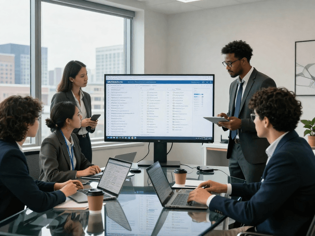 Real estate agents collaborating around IDXSTAR property analytics in a modern office
