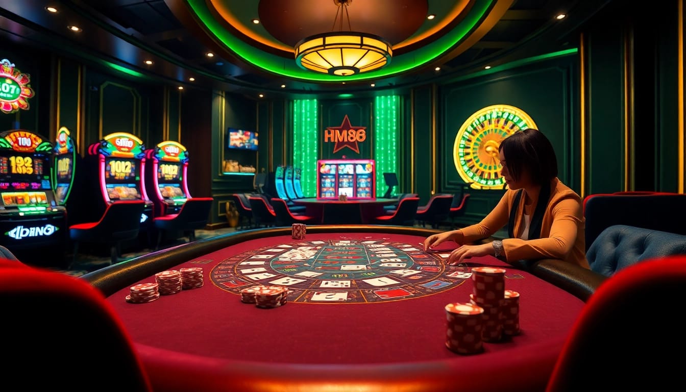 Engaged players enjoying the hm88 game at a vibrant casino table with poker chips and cards.