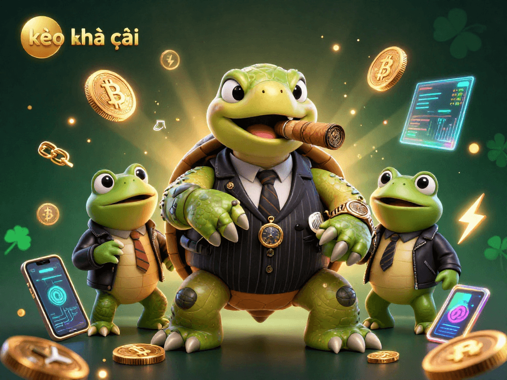 Experience kèo nhà cái with a vibrant illustration showcasing a turtle mobster and frog enforcers amid vibrant casino elements.