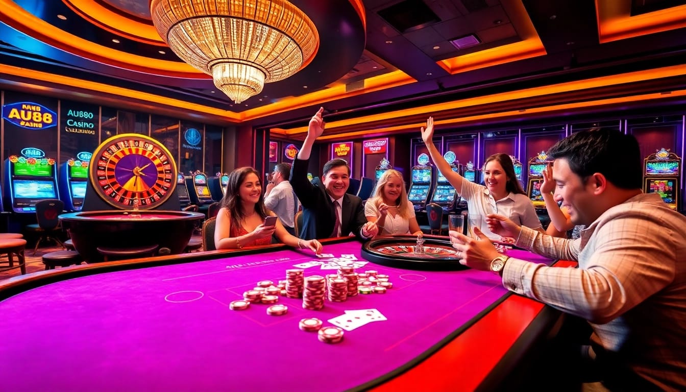 Players celebrating a big win at an AU88 gaming table in a luxurious casino setting.