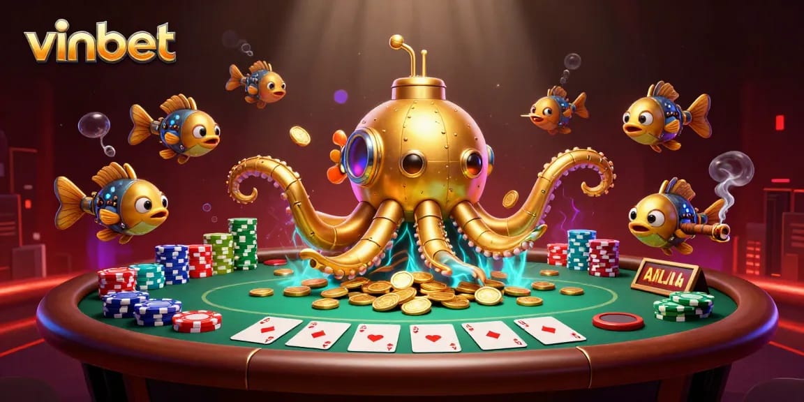 Engage with vinbet’s action-packed gaming scene featuring a golden kraken submarine and poker elements.