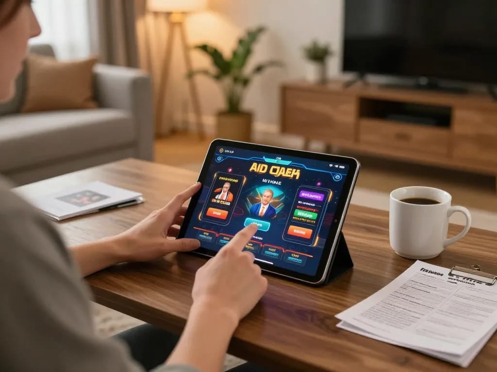 Engaging online gambler using transporthydraulics app on tablet in cozy living room setting.