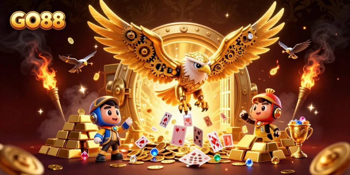 Experience thrilling wins with GO88's vibrant 3D casino illustration featuring golden treasures and cybernetic eagles.