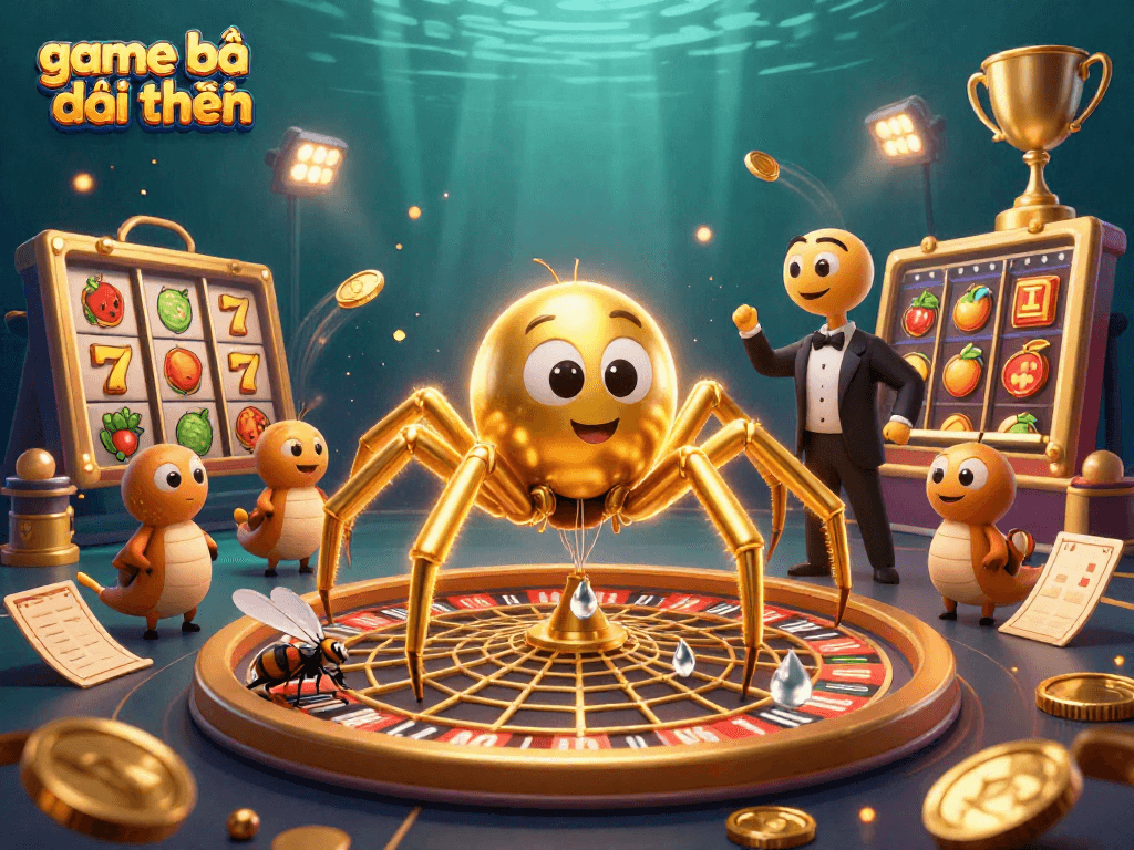 Experience exciting game bài đổi thưởng with a dynamic, colorful 3D casino illustration featuring a golden spider and more.