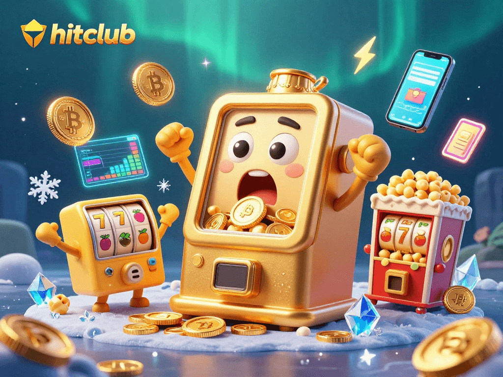 Hitclub slots jackpot scene with animated slot machines and crypto elements