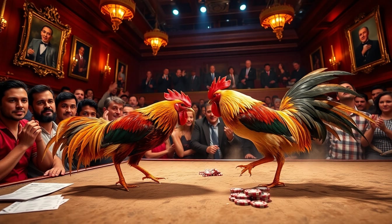 Exciting ĐÁ GÀ CỰA DAO match in a luxurious cockfighting arena with spectators.