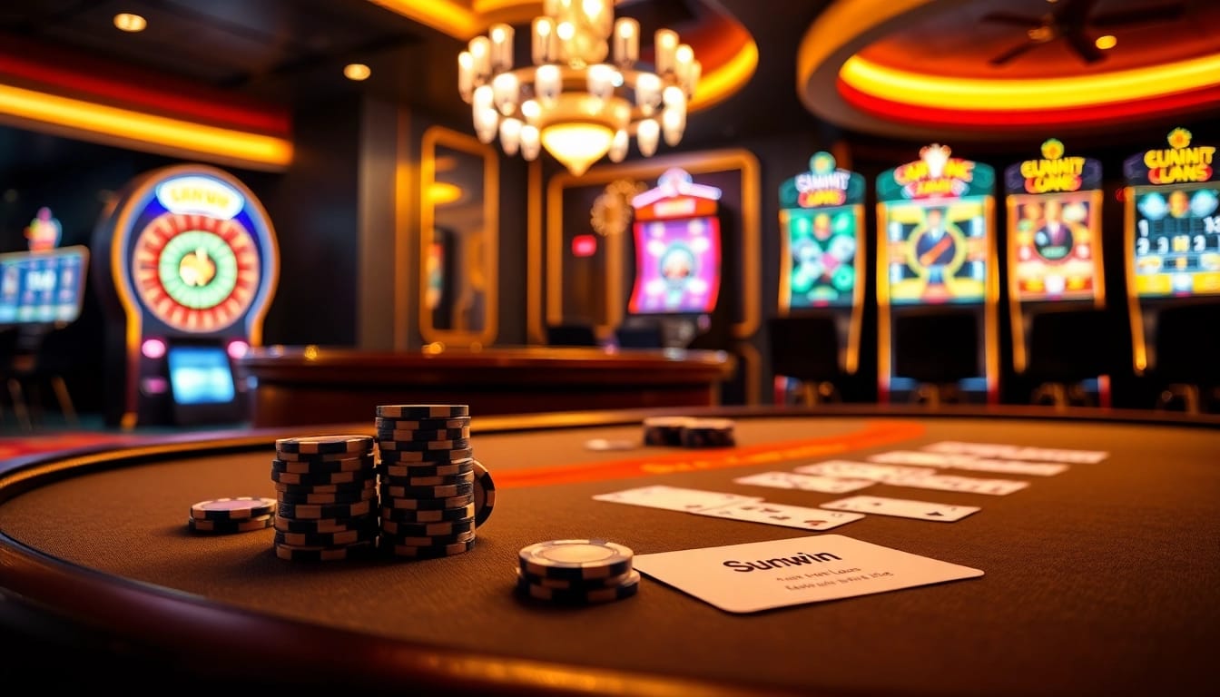 Experience thrilling casino action with sunwin.loans at a luxurious poker table, featuring vibrant chips and cards.