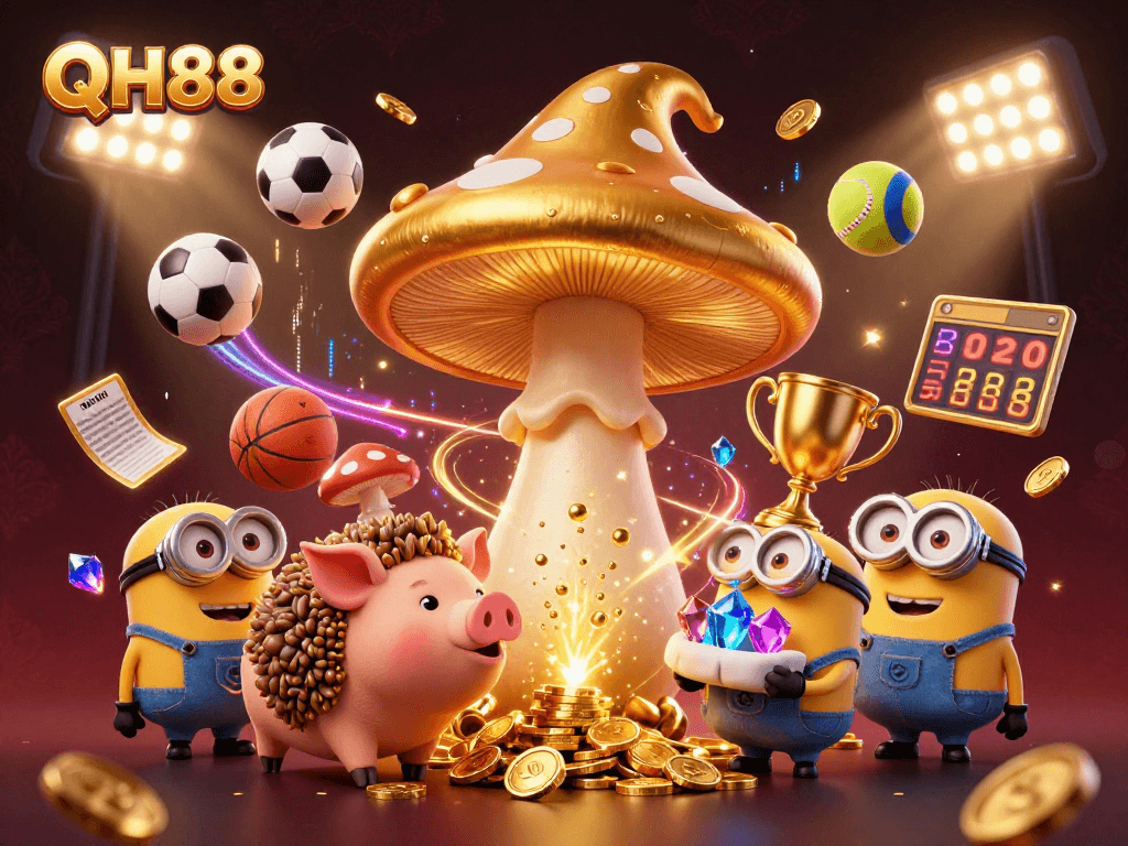 Experience QH88 sports betting magic with a golden wizard and dynamic gameplay elements in this vibrant 3D scene.
