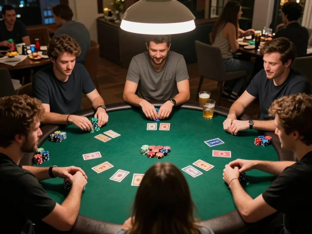 Go8 enthusiasts engaging in an exciting home poker night, showcasing strategic gameplay and friendly competition.