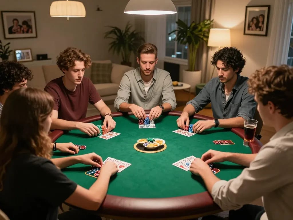 Friends enjoying a competitive poker night engaging with Win88 strategies over an elegant table.