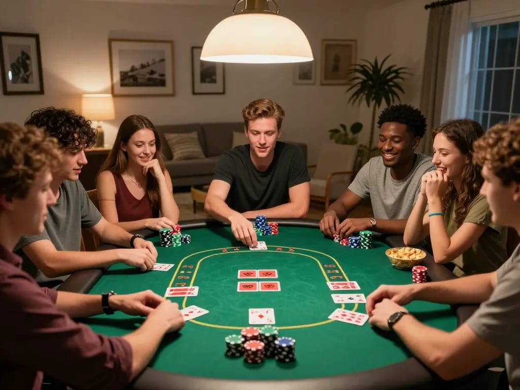Friends enjoying LODE88 poker night with cards dealt and snacks around the table, embodying strategic gameplay.