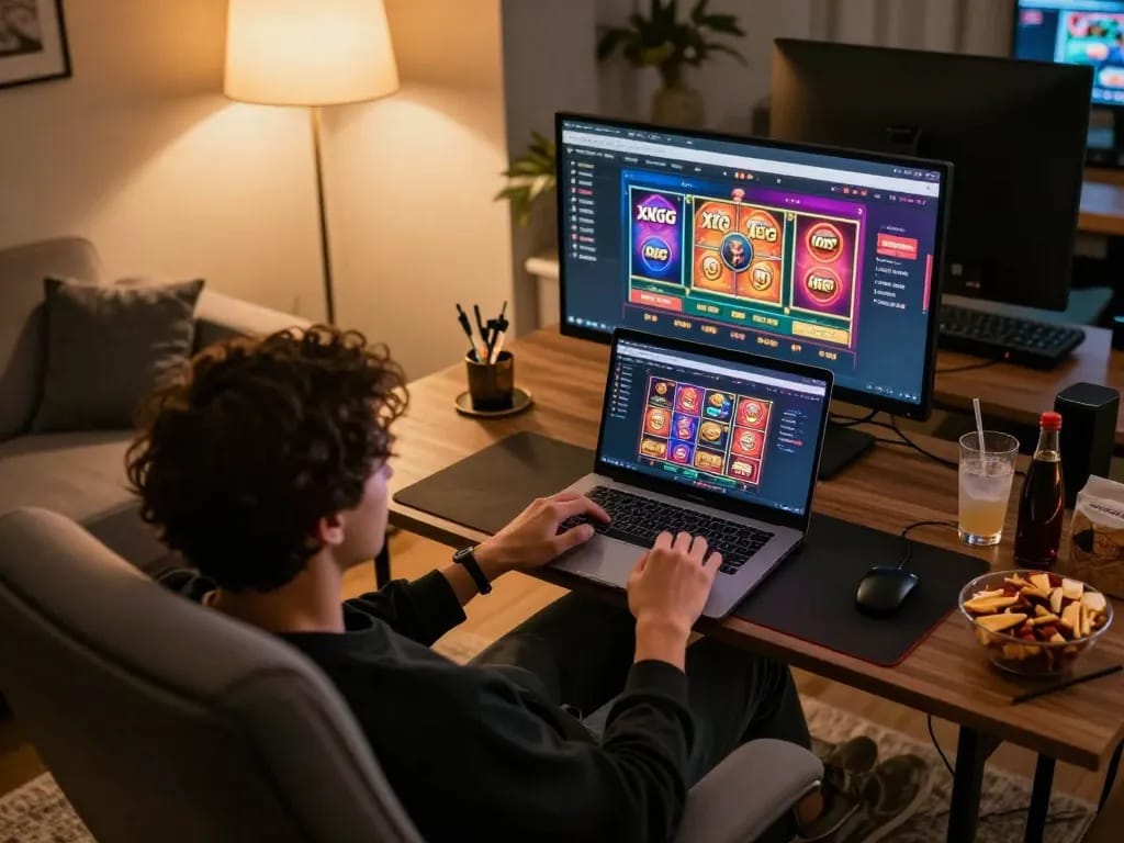 Player immersed in online gambling on XXGG platform in cozy home setting