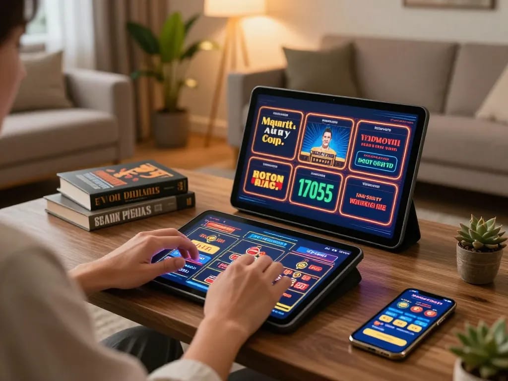 Engaging in online slots at home using https://ee888.sa.com/ with warm lighting and strategic elements.
