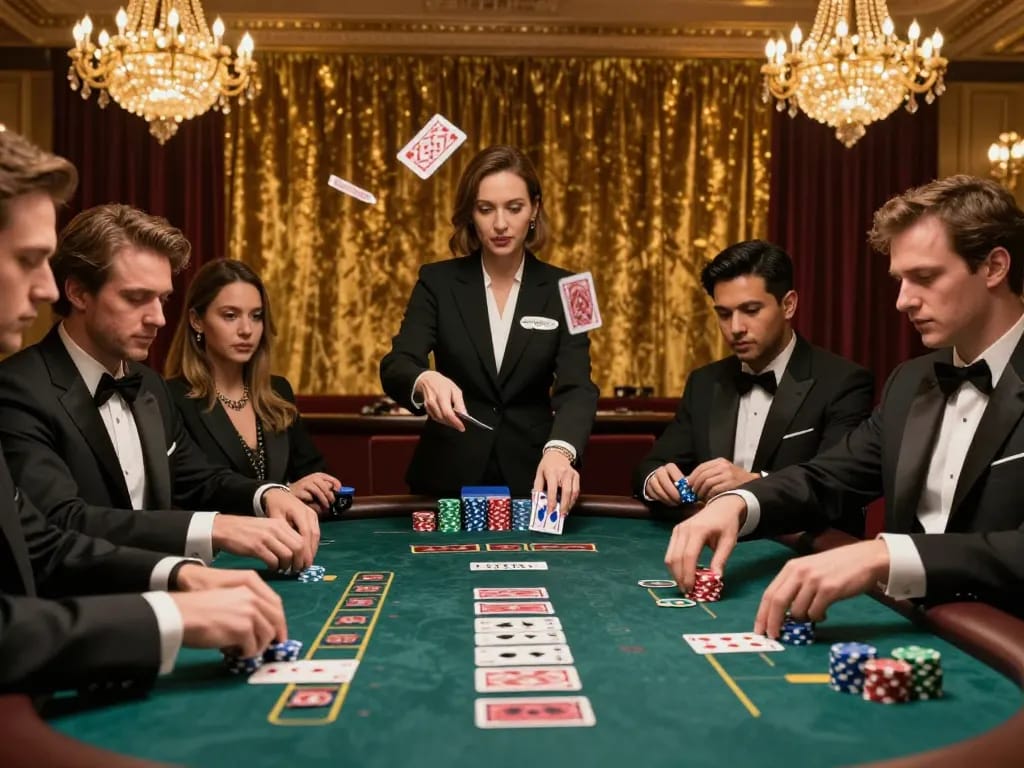 Players enjoying MEGA888 blackjack action, dealer dealing cards in an elegant casino.