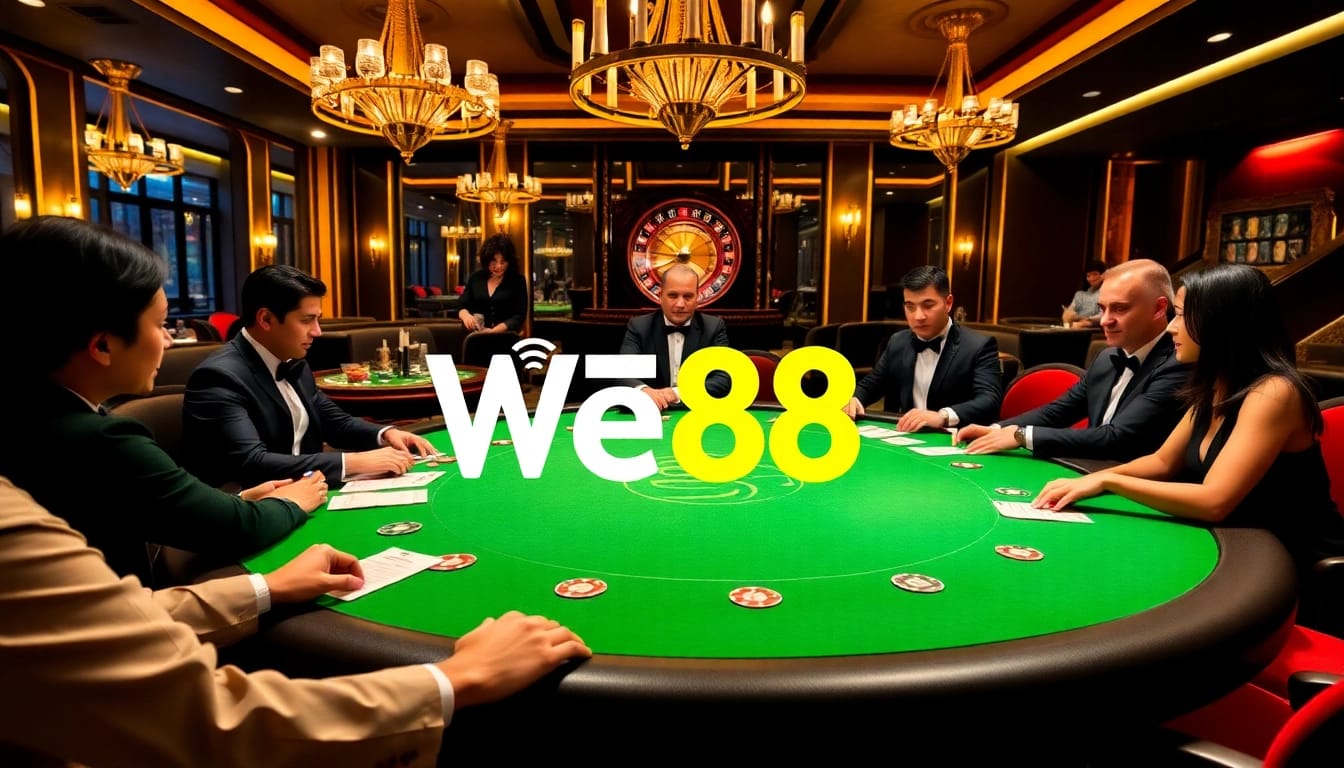 Experience the excitement of poker at WE88's luxurious gaming table surrounded by vibrant colors and elite players.