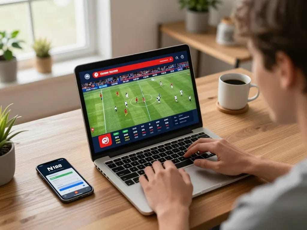 Live online betting on N188 com with user engaged at a modern workspace, showcasing an exciting sports betting atmosphere.
