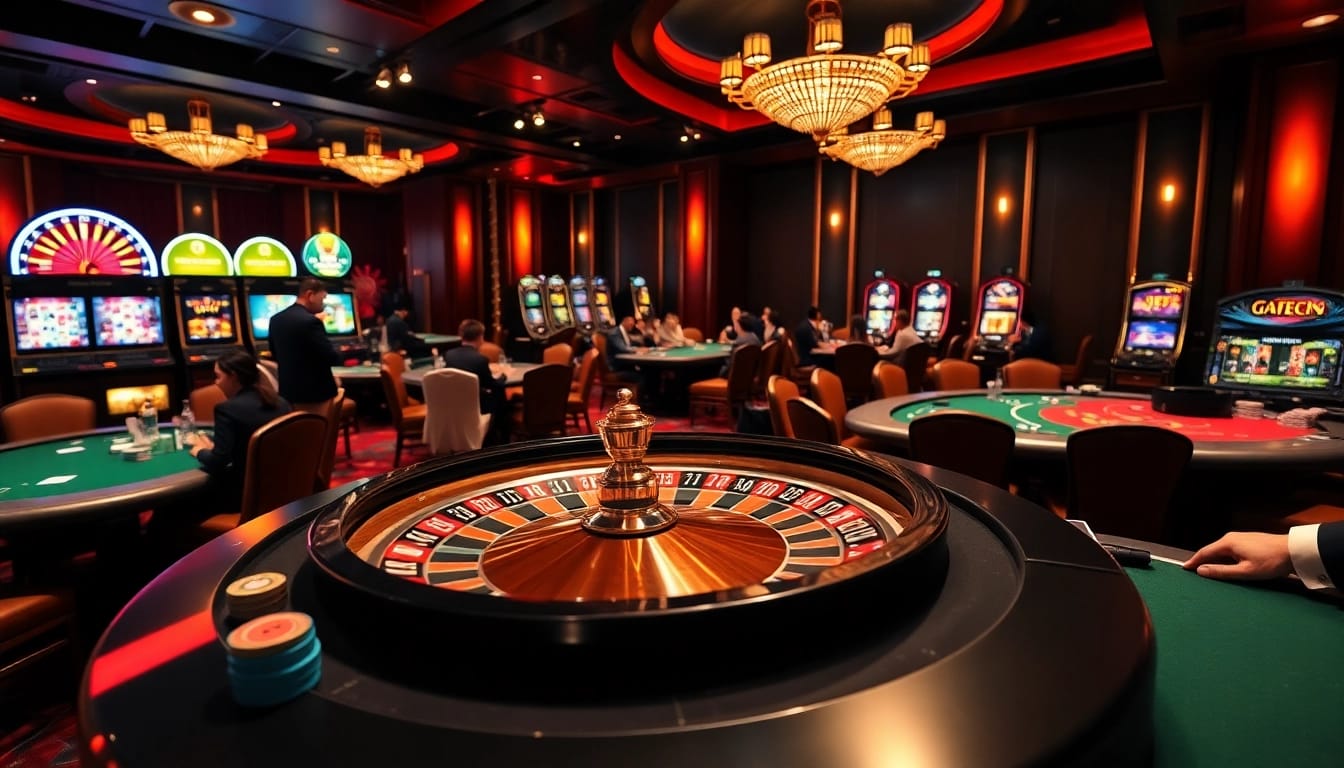 Players strategizing at a casino table featuring https://tg88.black/ poker chips and a vibrant roulette wheel.
