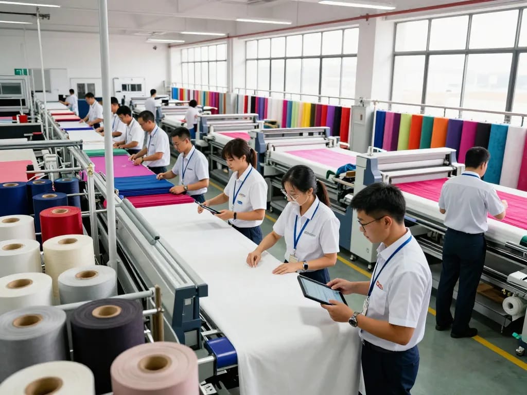 Sunwin textile team collaborating in a vibrant manufacturing environment, showcasing advanced fabric production.