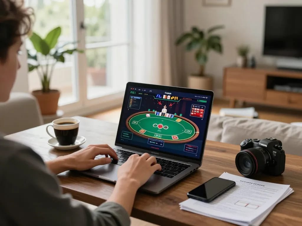 Experience online gameplay at https://go8.agency/ with poker strategies in a cozy home setting.