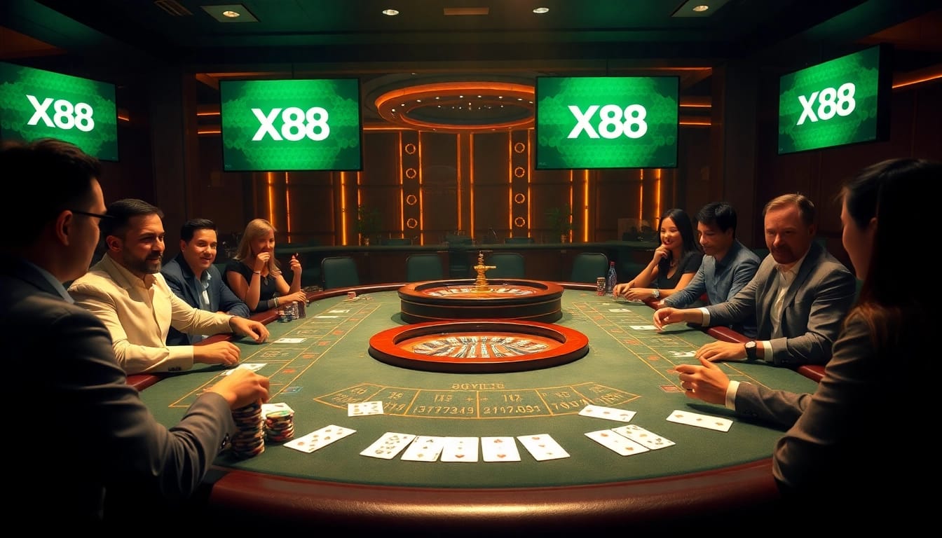 Players excitedly gamble at a luxury casino table representing nhà cái X88's thrilling offerings.