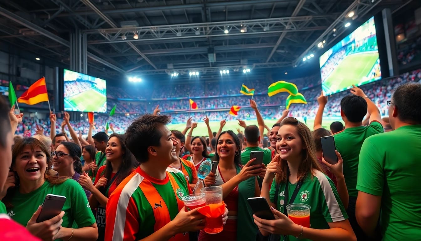 Socolive fans enjoying a live soccer match in a vibrant fan zone, celebrating the game with excitement.