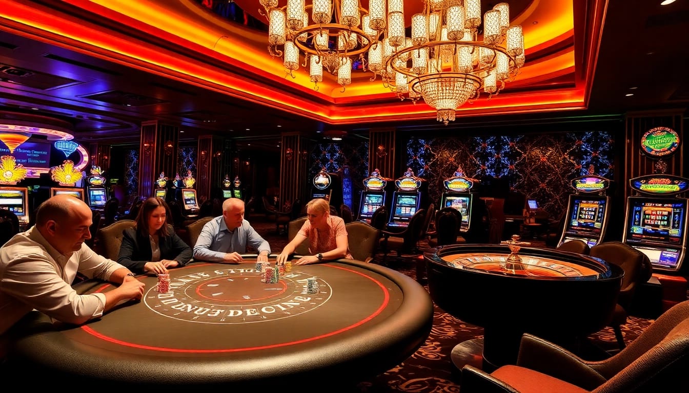 SODO casino scene featuring intense poker action and a vibrant roulette table.