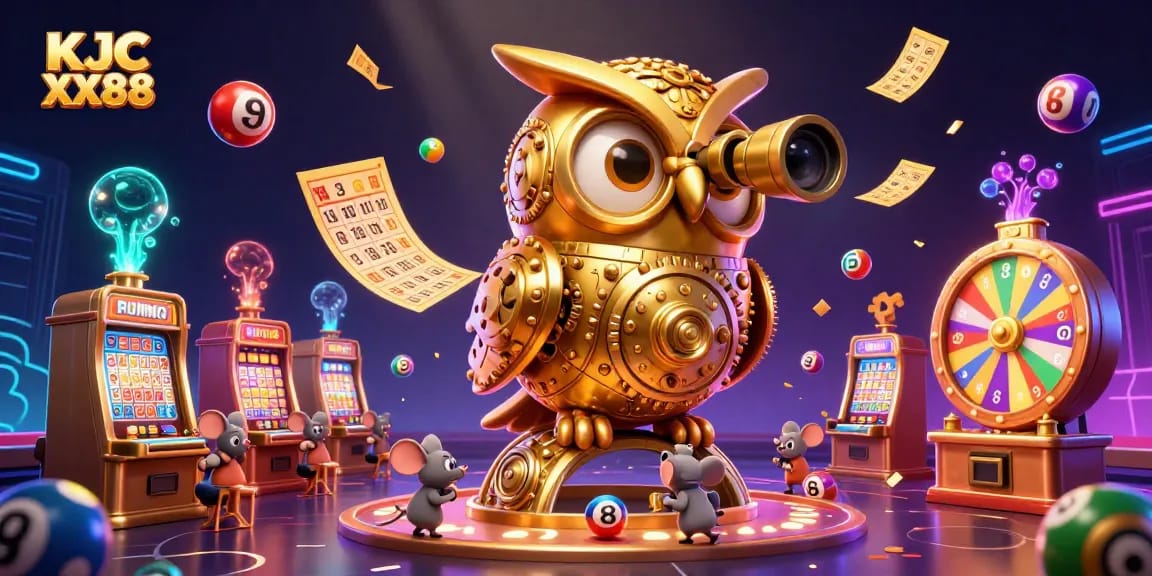 Engage with the vibrant world of KJC XX88, where a golden owl oversees a bustling casino floor filled with lively gaming elements.