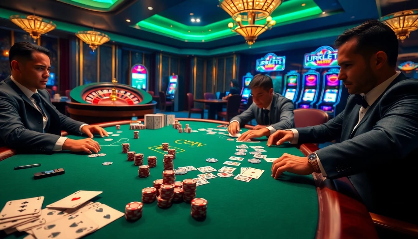 High-stakes game at https://urr88.com/ showcasing intense poker action with elegant casino decor.