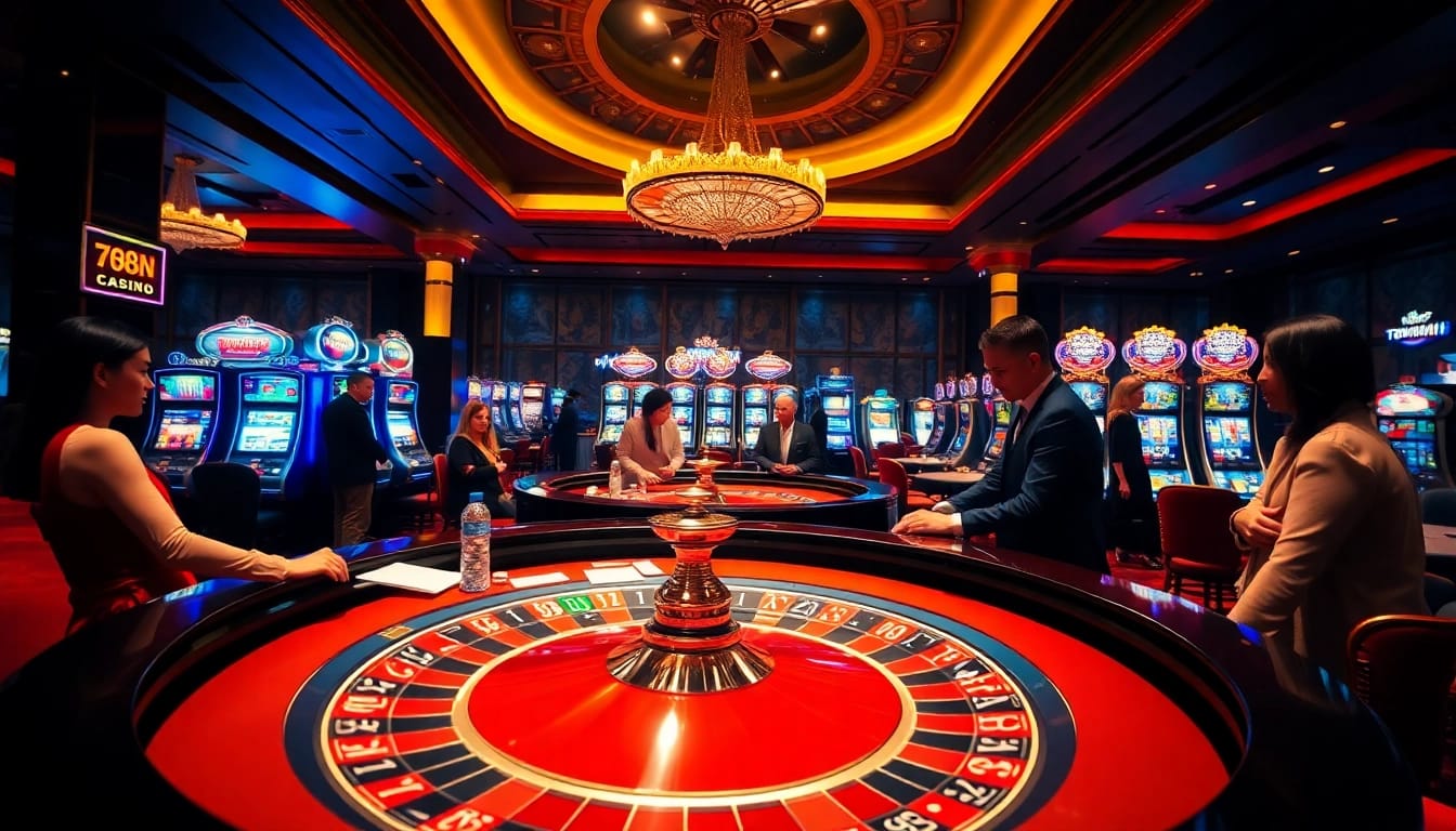 Experience the excitement at 789win casino with players engaging at a roulette table and vibrant slot machines.