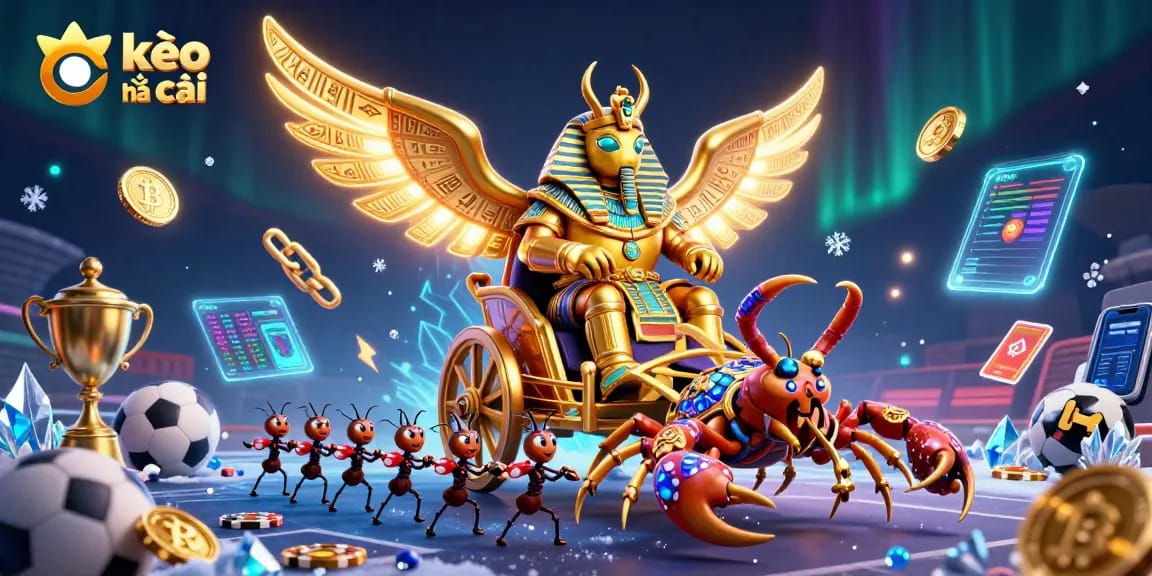 Capture kèo nhà cái excitement with a cartoon beetle, scorpions, and sports betting elements.