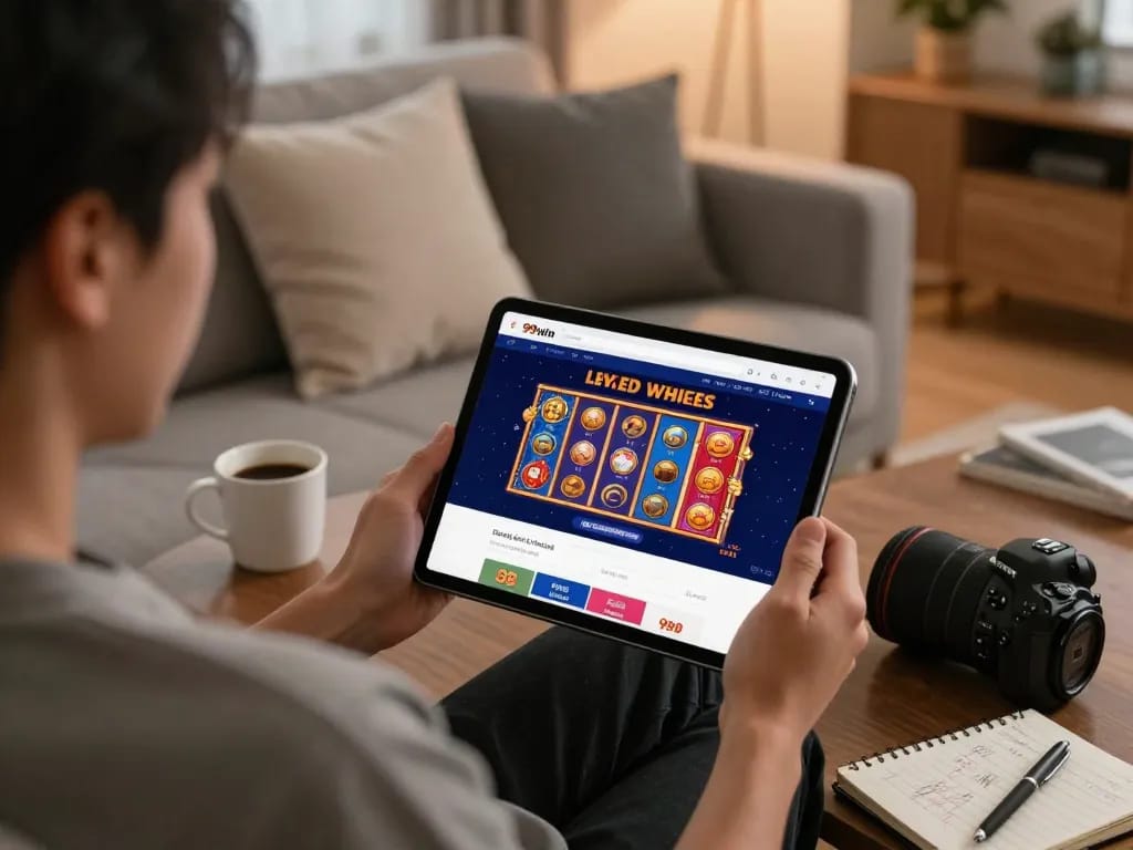 Using 99win đăng nhập to access online gambling platform on a tablet in a cozy living room setting.