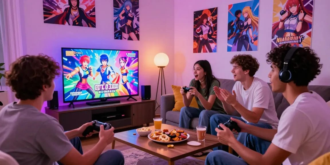 Engaging scene of friends playing ecchi games online in a cozy living room, showcasing interactive adult gaming experience.