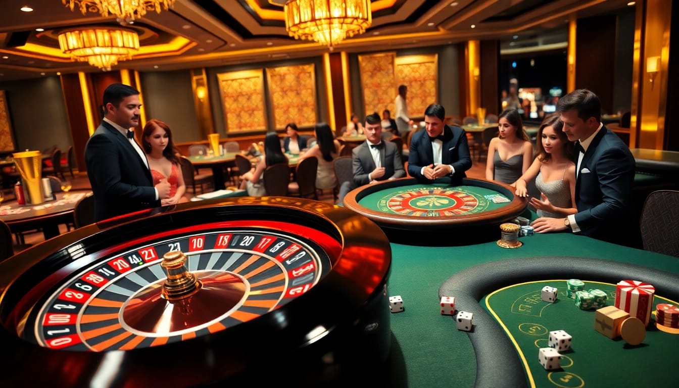 SAY88 players celebrating a win over vibrant poker chips and roulette in a modern casino.