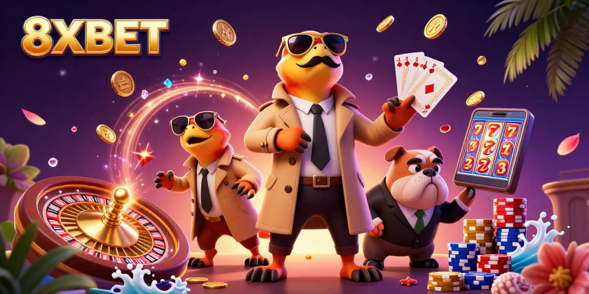 Experience excitement with 8XBET at this vibrant VIP casino entrance scene featuring dynamic raptors.