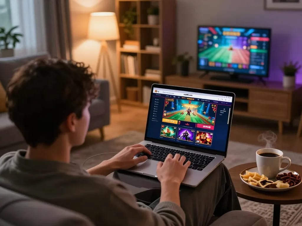 Engaged player enjoying games on uu88.com in a cozy home setting, highlighting online gambling fun.
