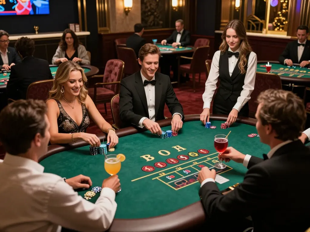 LLWIN players engaging in a thrilling live casino game at an upscale venue, showcasing excitement and elegance.