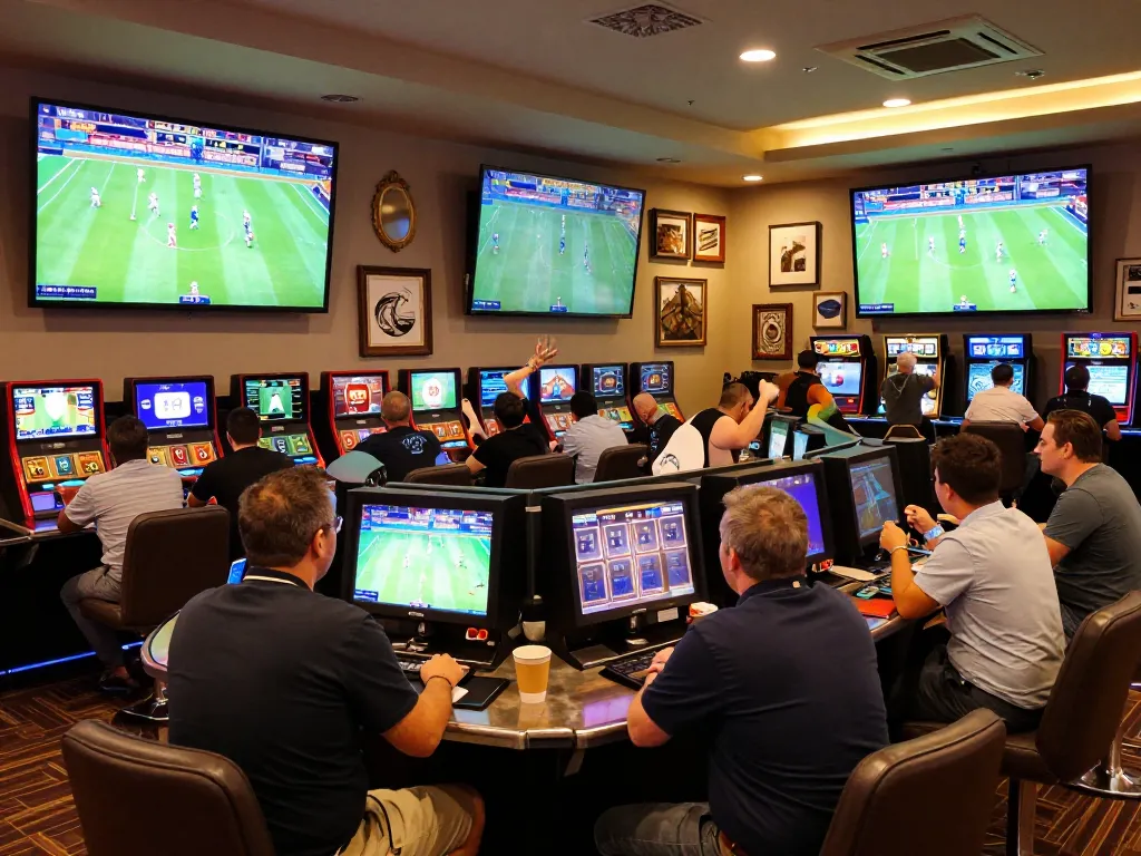 Engaged bettors analyzing odds on keobongda in an upscale sports betting lounge.