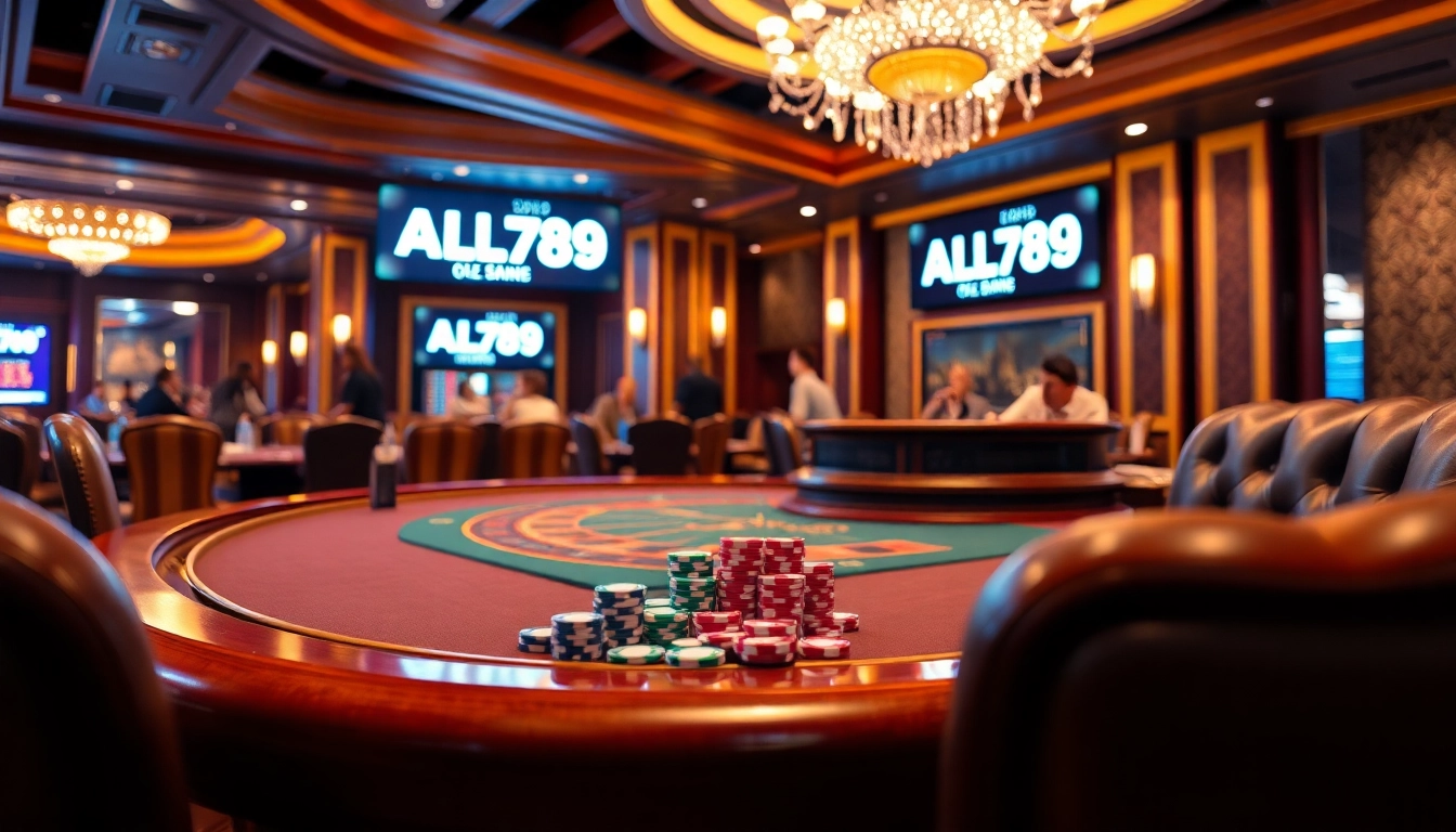 ALo789 poker table with vibrant chips and roulette wheel, showcasing luxury in gaming.