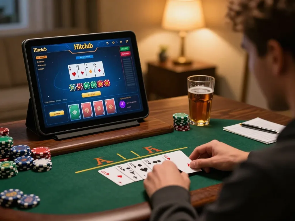 Hitclub player enjoying live dealer blackjack session on tablet in cozy home environment