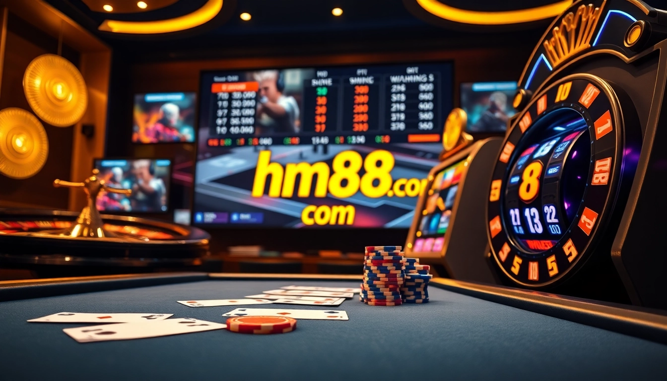 Engage in dynamic poker and slot betting action at hm88 com featuring vibrant chips and live eSports interface