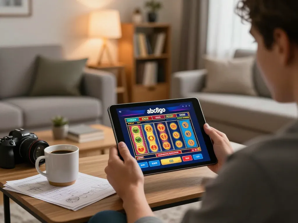 Person immersed in gaming on the abc8go app, enjoying a cozy home atmosphere.