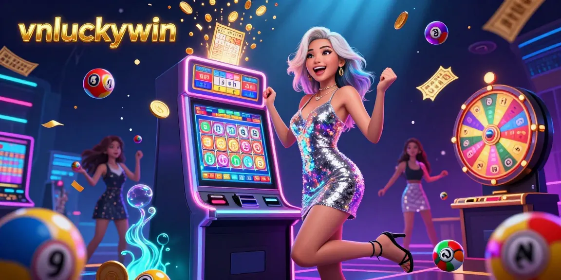Experience the excitement at vnluckywin as a gorgeous Asian woman celebrates a jackpot amidst colorful casino symbols.