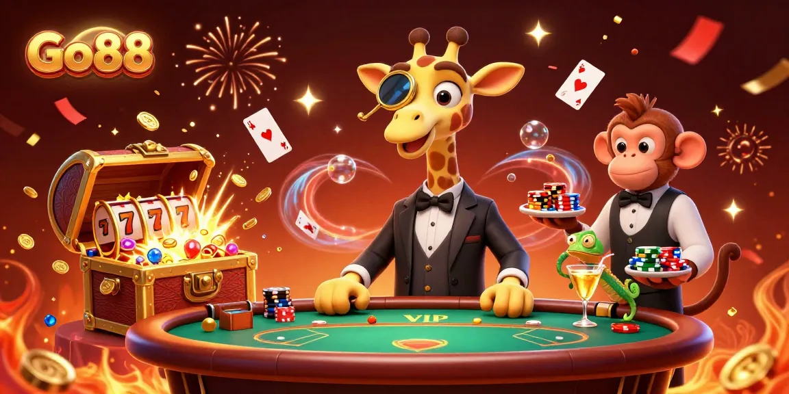 Engage with Go88's thrilling gambling experience featuring a high-roller giraffe at a VIP table.