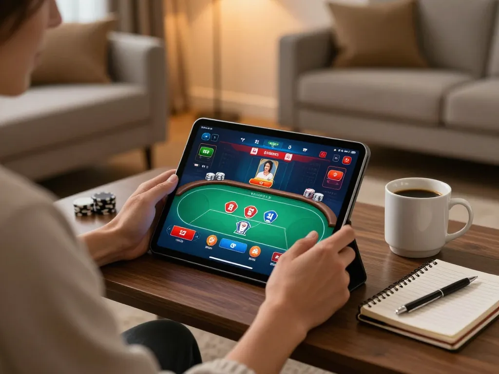Engaging gameplay on 8day with an online poker interface in a cozy living room setting.