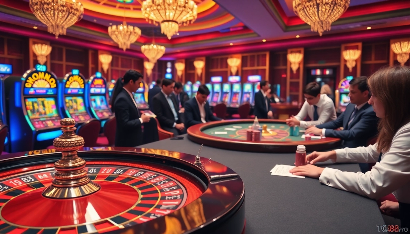 A thrilling casino atmosphere featuring roulette and poker tables at https://tg88pro.com/ with engaging players.