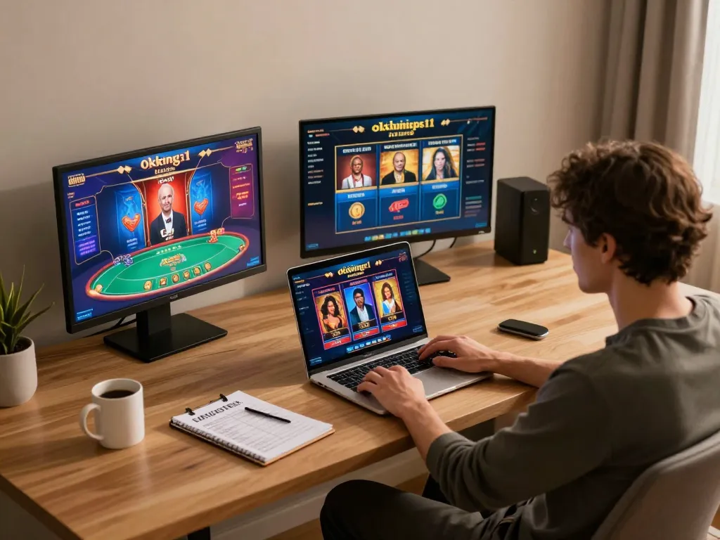 Engaged gaming session on okking1 with poker action on laptop while documenting strategies.